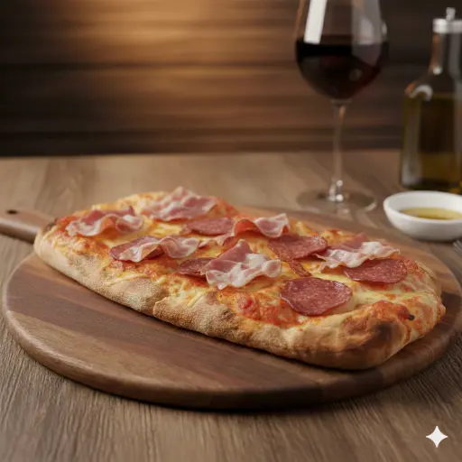 Meat lover pinsa on wooden plate